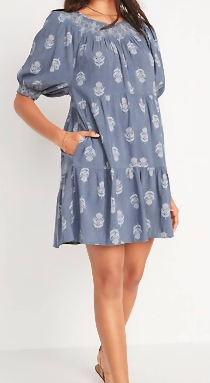 Old Navy NWOT Puff-Sleeve Smocked Embroidered Tiered Mini Swing Dress2X Puff-Sle